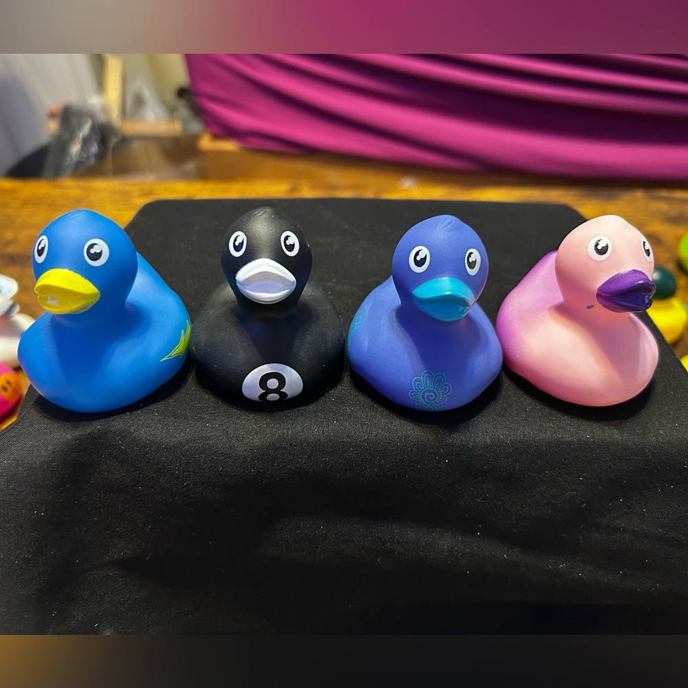 Set of 4 Colorful Rubber Ducks - Blue, Black, Purple, Pink